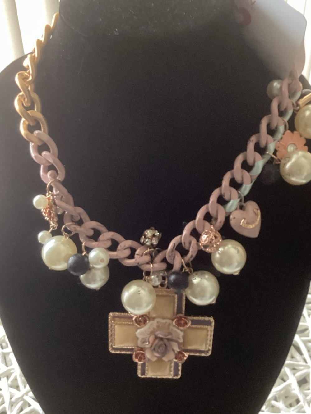 Statement Pink Pearl Charm Necklace with Floral Cross Pendant
